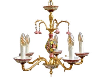 Deckenleuchte, Wandlampen (2), Tischlampe, Art Deco Floral, Belle Epoque,Jugendstil, vergoldete Bronze, Majolika, Italien, Unikat, Beleuchtungsset