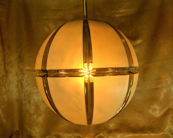 Ceiling pendant light, Mid Century Modern, Art Deco, Glasshutte Limburg, Murano amber glass, brass, very rare