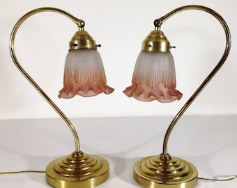 Vintage Art Deco Brass Accent Lamps, Pate de Verre Glass Shades