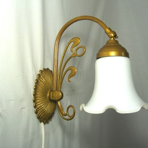 Art Deco Brass Sconce, Opaline Glass, Floral Wall Light