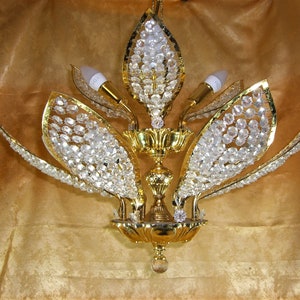 Ceiling light, chandelier, Art Deco, Mid Century Design, Hollywood Regency, Gold plated, Crystals, fleur de lis, unique