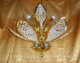 Ceiling light, chandelier, Art Deco, Mid Century Design, Hollywood Regency, Gold plated, Crystals, fleur de lis, unique
