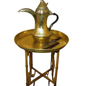 Antique Berber, Tuareg, islamic, ethnic, tribal, tea, coffee set, Raslan Dallah, brass tray, bamboo support