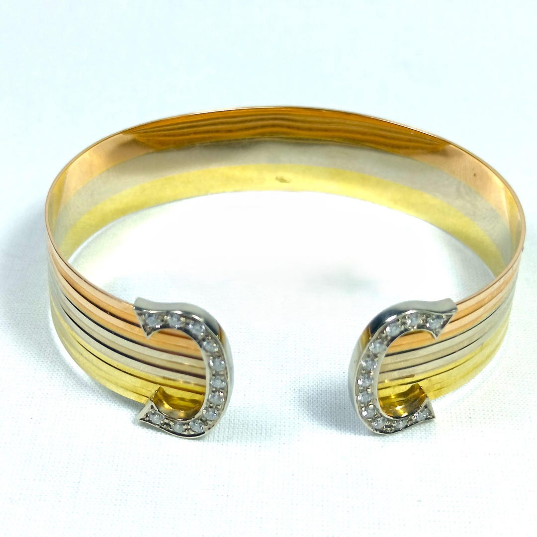 Cuff Bangle Bracelet, Cartier 2C Style, 18kt Gold 750, White Diamonds ...