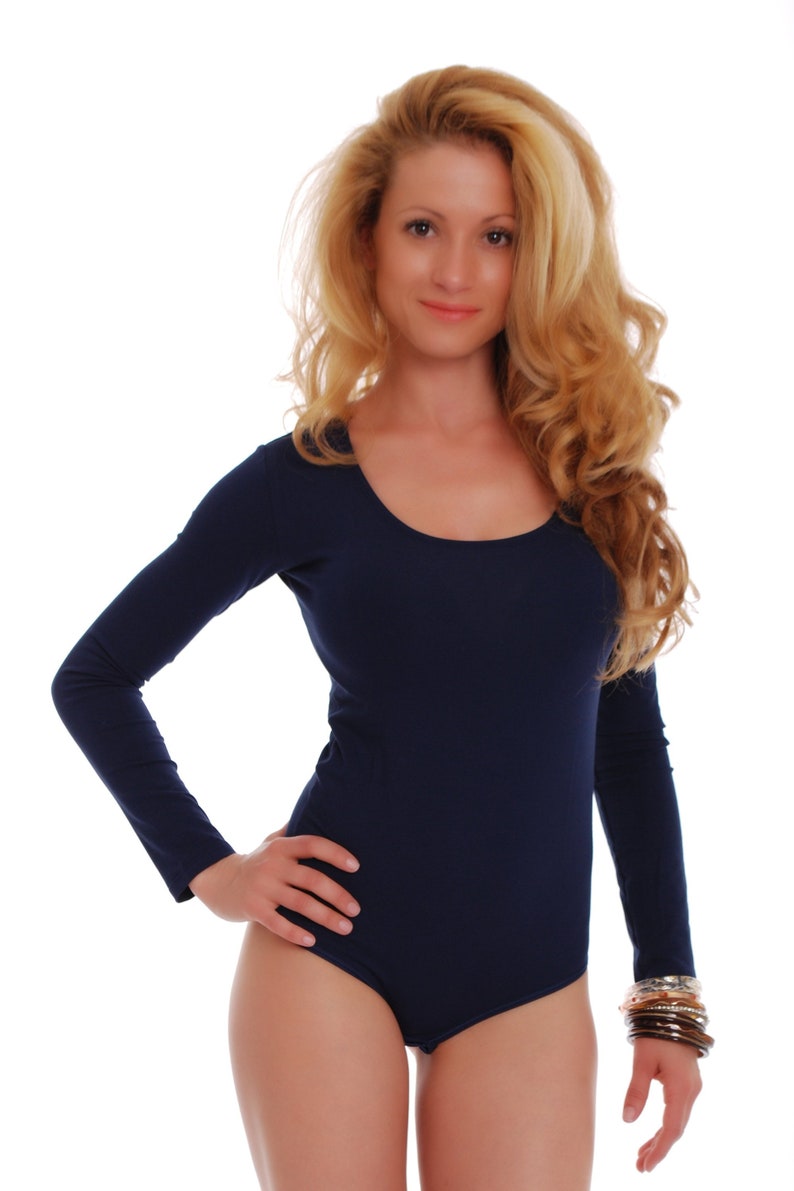 Women Bodysuit COTTON BODYSUIT Navy Recommended Top leotard Don't miss the campaign Blue Long Sleeve