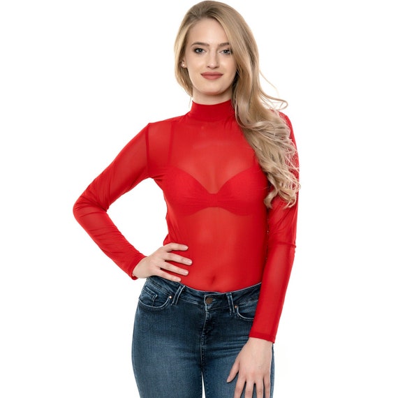 Sexy Women Red Mesh Bodysuit Blouse 