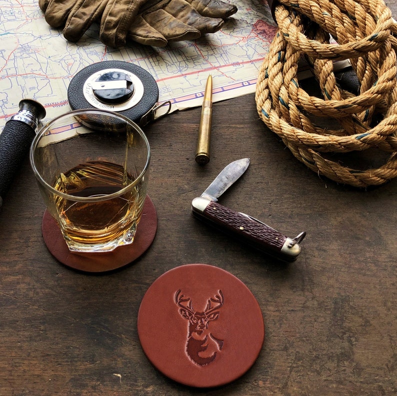 Hunting Gifts - White Tailed Deer Coasters Gifts for Hunters set of 4 Leather Coasters
