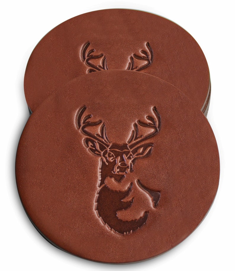 Hunting Gifts - White Tailed Deer Coasters Gifts for Hunters set of 4 Leather Coasters