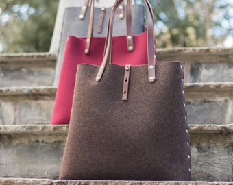 Wool Felt Tote Shopper Bag, Felt Tote Bag with Leather Handles. Market Shopper made from Felt and Leather