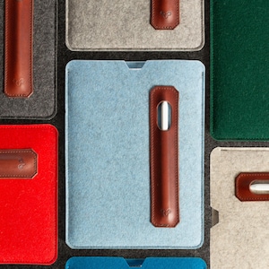 iPad-hoes van wolvilt, alle maten en toetsenborden met leren potloodhouder, handgemaakte hoes