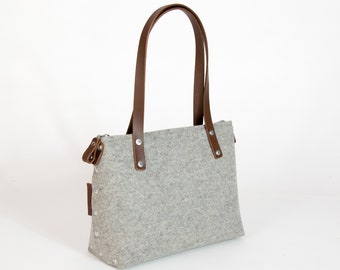 Felt Shoulder bag with zipper, womens wool felt handbag with a zip closing top and leather handles