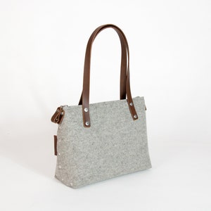 Bolso de hombro de fieltro con cremallera, bolso de mano de fieltro de lana para mujer con cierre de cremallera en la parte superior y asas de cuero