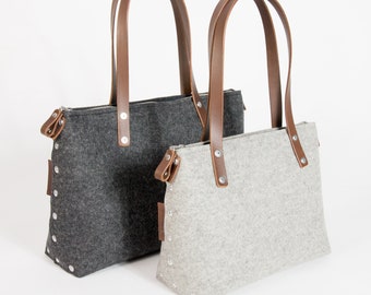 Felt Shoulder bag with zipper, women wool felt handbag with a zip closing top and leather handles