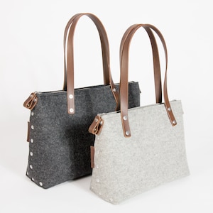 Bolso bandolera de fieltro con cremallera, bolso de mujer en fieltro de lana con cierre de cremallera en la parte superior y asas de cuero