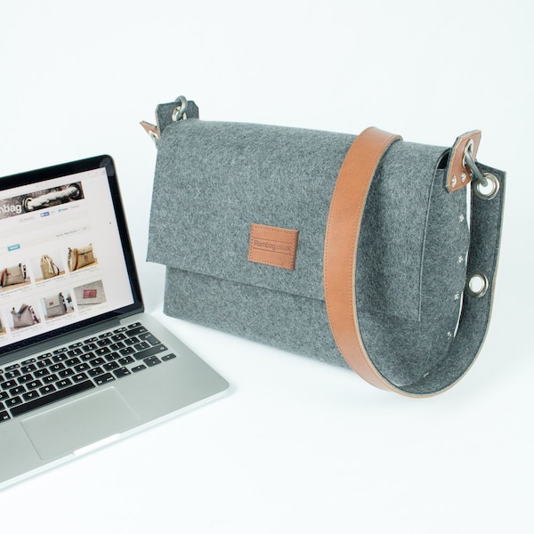 Borsa a tracolla per laptop in feltro di lana: tracolla in pelle, borsa per MacBook da 13"