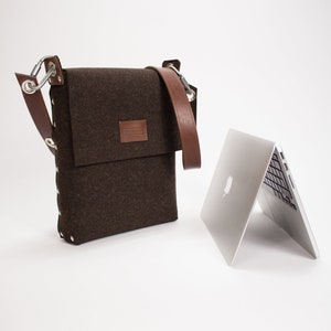 13 Inch Laptop Bag made from Wool Felt and Leather, Laptop Satchel, Laptop Messenger Bag 13 Laptop Bag Brown Melange