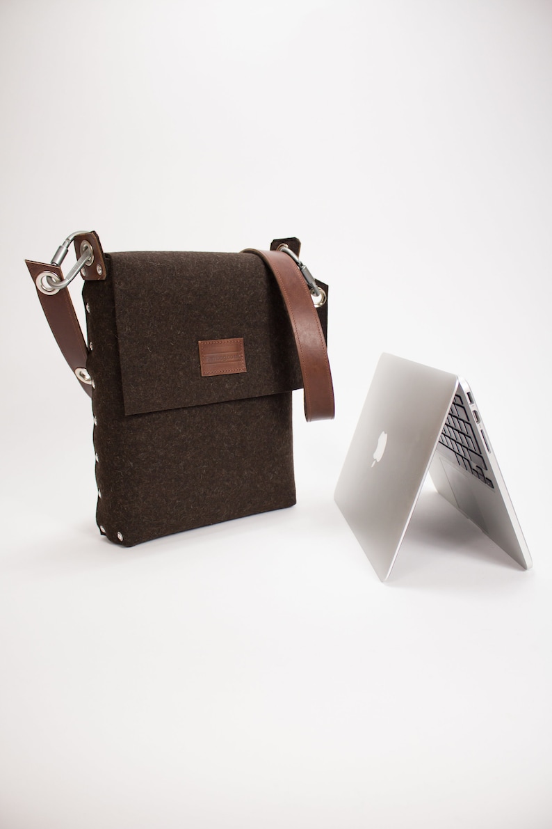 13 Inch Laptop Bag made from Wool Felt and Leather, Laptop Satchel, Laptop Messenger Bag 13 Laptop Bag Brown Melange