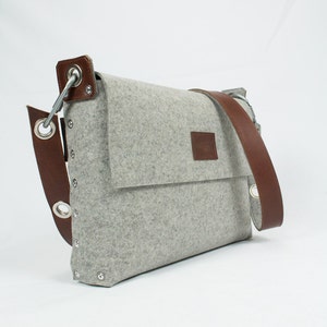 Handmade Felt Messenger Bag: Leather Strap, Riveted Satchel
