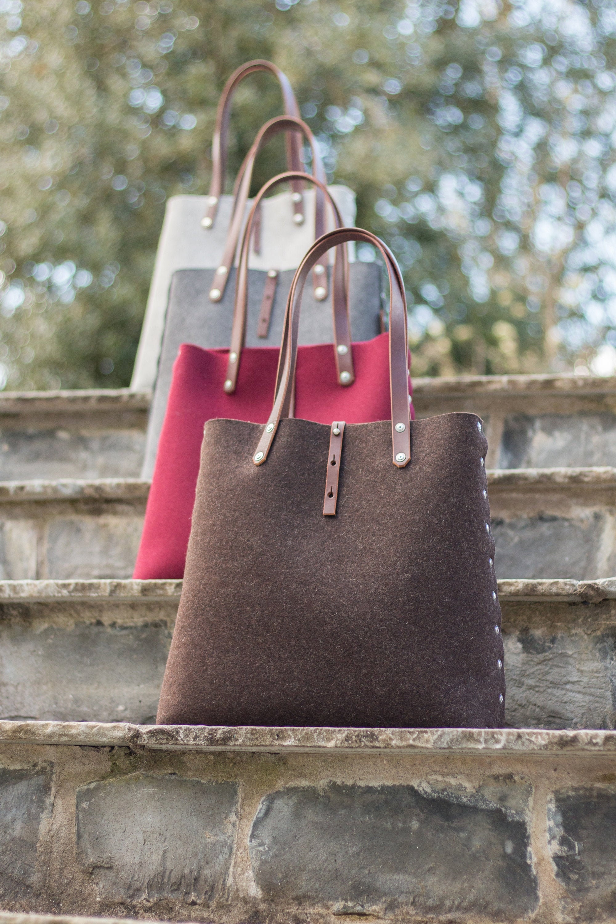 Wool Felt Tote Shopper Bag Felt Tote Bag with Leather Handles. Market Shopper Made from Felt and Leather