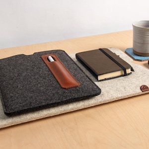 May include: A grey felt laptop sleeve with a leather pen holder, a brown notebook, and a ceramic mug on a wooden surface. A smartphone and a blue coaster are also present. The items suggest a workspace or office setting.