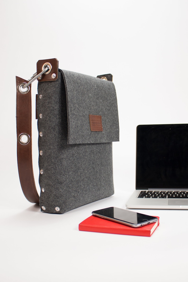 13 Inch Laptop Bag made from Wool Felt and Leather, Laptop Satchel, Laptop Messenger Bag 13 Laptop Bag Dark Grey Melange