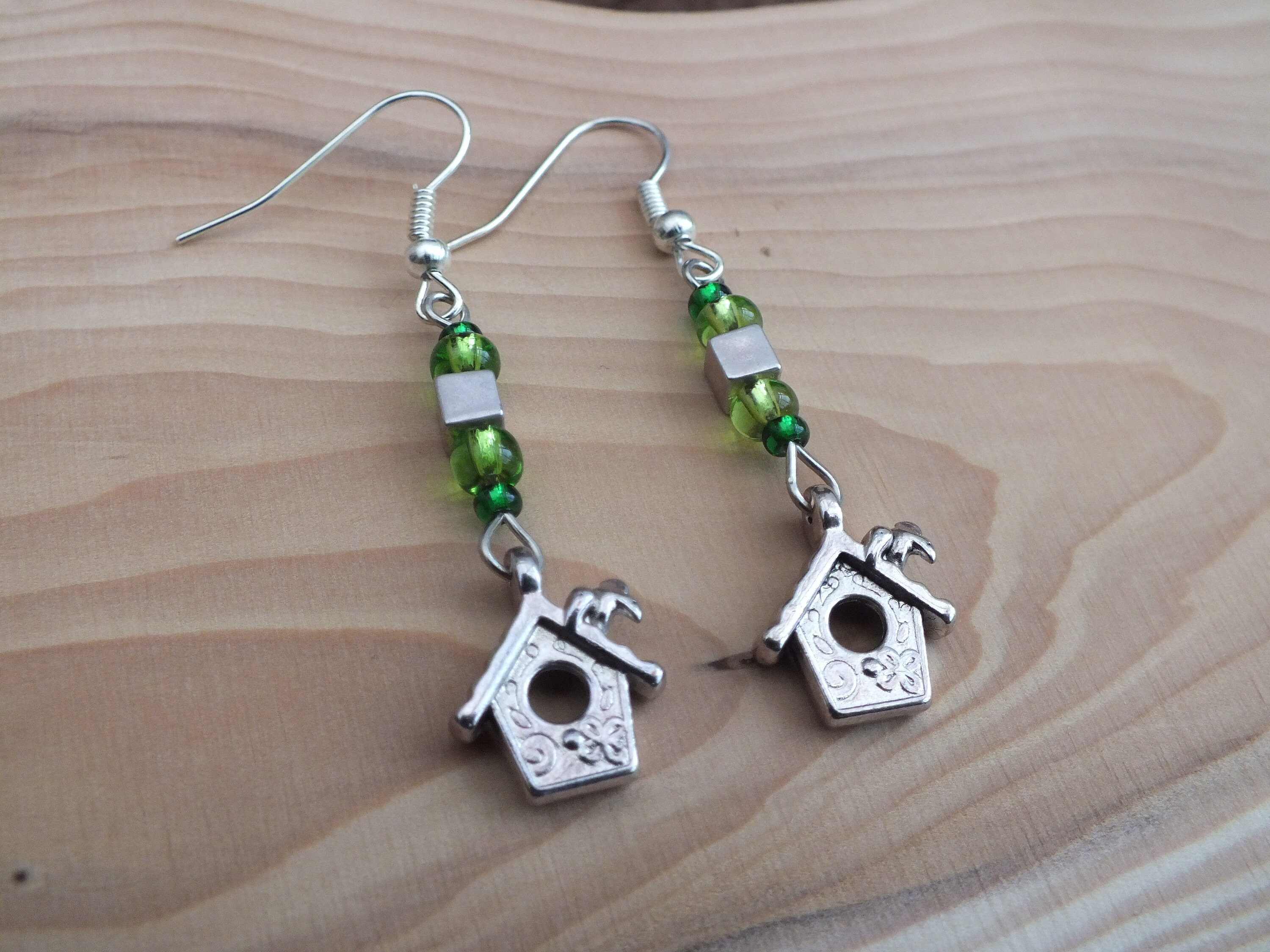 Small silver birdhouse earrings green birdhouse earrings Etsy 日本