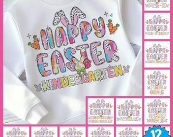 May include: White crewneck sweatshirt with a colorful "Happy Easter Kindergarten" graphic. The design includes bunny ears, carrots, and Easter eggs. Additional designs for Pre-K through 6th grade are also included.