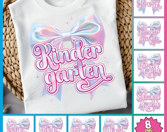 May include: White t-shirt featuring a large, iridescent bow with the words "Kindergarten" in a pink and blue script. Additional designs for Pre-K through Sixth Grade are also included. The design is perfect for back-to-school.
