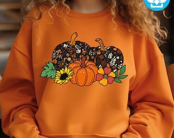 Floral Kürbis PNG: Retro Herbst Design, Thanksgiving Sublimation (Digitaler Download)