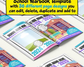Plantilla de anuario escolar de 36 páginas, anuario de primaria, anuario de preescolar, anuario personalizable en Canva.