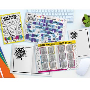 May include: A yellow and black school yearbook with the text "Your School Name Here" and "Class of 2025". The yearbook has a game board on the inside with the text "While we were learning the world kept turning". The game board has spaces for each year from 2018 to 2025. The yearbook also has a page for autographs with the text "2025 Leavers Autographs Here".