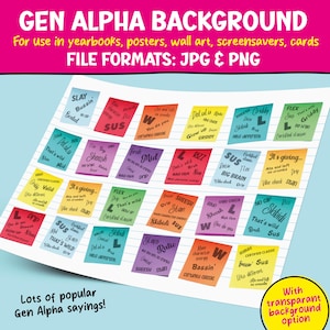 May include: A colourful digital background featuring a variety of Gen Alpha slang terms written on sticky notes. The background is a lined notebook page. The text includes "Slay", "Bussin", "Sheesh", "Skibidi", "That's wild", "Certified Classic", "Flex", "Drip", "Mid", "Rizz", "Sus", "Big Brain", "Vibe Check", "No cap", "Glow up", "Dolulu", "Griddy", "Main Character Energy", "Slaps Radio", "Bassin", "You do you", "It's giving...", "Ate and left no crumbs", "Hits different", "Lots of popular Gen Alpha sayings!" and "With transparent background option".