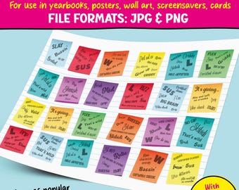 May include: A colorful digital background with a variety of Gen Alpha slang terms written on sticky notes. The background is a lined notebook page. The text includes "Slay", "Bussin", "Sheesh", "Skibidi", "That's wild", "Certified Classic", "Flex", "Drip", "Mid", "Rizz", "Sus", "Big Brain", "Vibe Check", "No cap", "Glow up", "Dolulu", "Griddy", "Main Character Energy", "Slaps Radio", "Bassin", "You do you", "It's giving...", "Ate and left no crumbs", "Hits different", "Lots of popular Gen Alpha sayings!" and "With transparent background option".