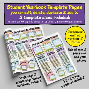 May include: A colorful template for a 5th grade graduation yearbook. The template features a photo frame with a landscape scene, a text box for the student's name, and a space for a photo. The template is available in two sizes: A4 (8.3 x 11.7 inches) and US Letter (8.5 x 11 inches).
