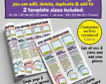 May include: A colorful template for a 5th grade graduation yearbook. The template features a photo frame with a landscape scene, a text box for the student's name, and a space for a photo. The template is available in two sizes: A4 (8.3 x 11.7 inches) and US Letter (8.5 x 11 inches).