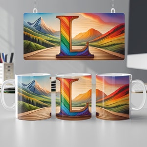 Design de envoltório de caneca de arco-íris com letra L, presente personalizado, envoltório de caneca, 11 oz, 12 oz, envoltório de caneca de 15 oz, envoltório de caneca de sublimação PNG, download digital brilhante
