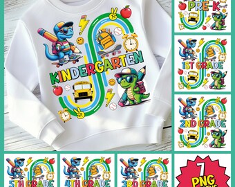 May include: A set of 7 colorful PNG designs featuring a cartoon dinosaur wearing sunglasses and a backpack. Each design includes a school bus, a pencil, a backpack, and a baseball. The designs are labeled with the grade levels: Pre-K, Kindergarten, 1st Grade, 2nd Grade, 3rd Grade, 4th Grade, and 5th Grade.