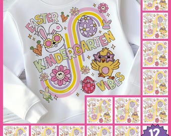 May include: A white sweatshirt with a colorful design featuring an Easter bunny, a chick, and the text "Easter Kindergarten Vibes". The design includes rainbows, flowers, and eggs. There are 12 different designs included.