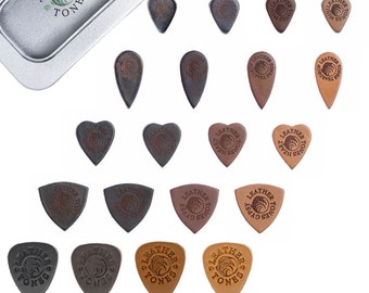 20 Leder picks für Ukulele oder Bass in einer Geschenkdose - 5 Formen - 4 verschiedene Leder - Holztöne