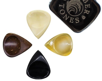 4 Sculpted Guitar Picks - Bone, Horn and Coconut in a Gift Tin - Timber Tones