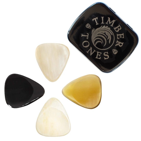 4 Buffalo Horn & Bone 351 Shape Guitar Picks in a Gift Tin