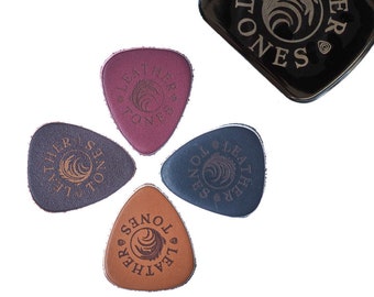 Leather Picks for Ukulele or Bass Guitar - Black, Brown, Whiskey & Cognac Leather in a Gift Tin - Timber Tones