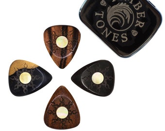 Sun Pattern Exotic Timber Guitar Picks with Gold Mother of Pearl - Boutique Wood Guitar Picks - Timber Tones