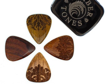 Mandala Design Boutique Guitar Picks for Acoustic Guitar  - Burma Padauk, Almondwood, Mimosa & Thai Cassia - Timber Tones