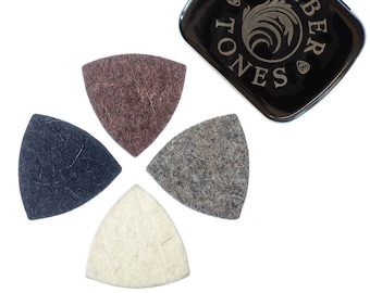 Triangle Shaped Felt Ukulele Picks in a Gift Tin - High Density Natural Wool Felt - Timber Tones