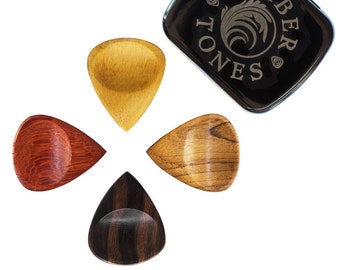 4 Exotic Timber Sculpted Guitar Picks - Ebony, Padauk, Haldu & Teak - Boutique Guitar Plectrums - Timber Tones