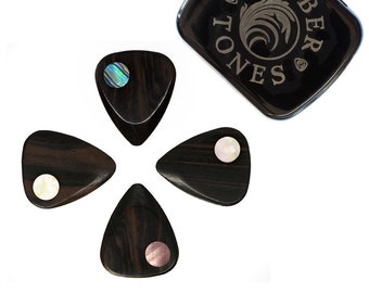4 Ebony 351 Guitar Picks with Abalone & Shell Inlay - Boutique Guitar Plectrums - Timber Tones