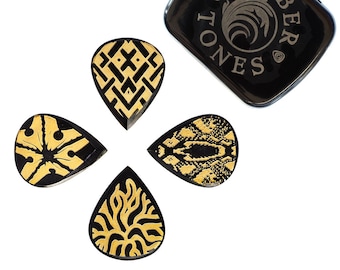 Laser Etched Buffalo Horn Guitar Picks in a Gift Tin - Sharp shape - Boutique Guitar Plectrums - Timber Tones