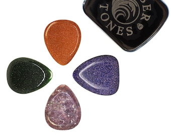 4 Volcanic Glass Mineral Guitar Picks in a Gift Tin - Timber Tones