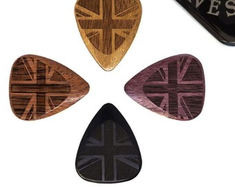 4 Union Jack Exotic Timber 351 Guitar Picks in a Gift Tin - Timber Tones